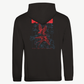 The Neon Nature Hoodie by Electric Picnic features a black base with a striking red and blue graphic on the back, depicting two birds, floral outlines, and the words MUSIC AND ART FESTIVAL beneath a bold red block of text. Made from soft ringspun cotton for superior comfort, this made-to-order unisex hoodie is ideal for any festival-goer.
