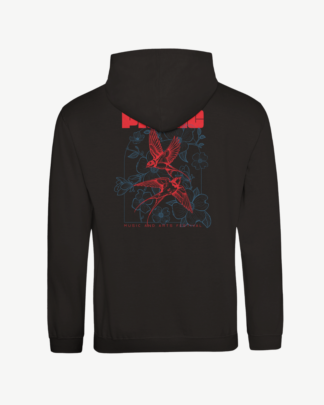 The Neon Nature Hoodie by Electric Picnic features a black base with a striking red and blue graphic on the back, depicting two birds, floral outlines, and the words MUSIC AND ART FESTIVAL beneath a bold red block of text. Made from soft ringspun cotton for superior comfort, this made-to-order unisex hoodie is ideal for any festival-goer.