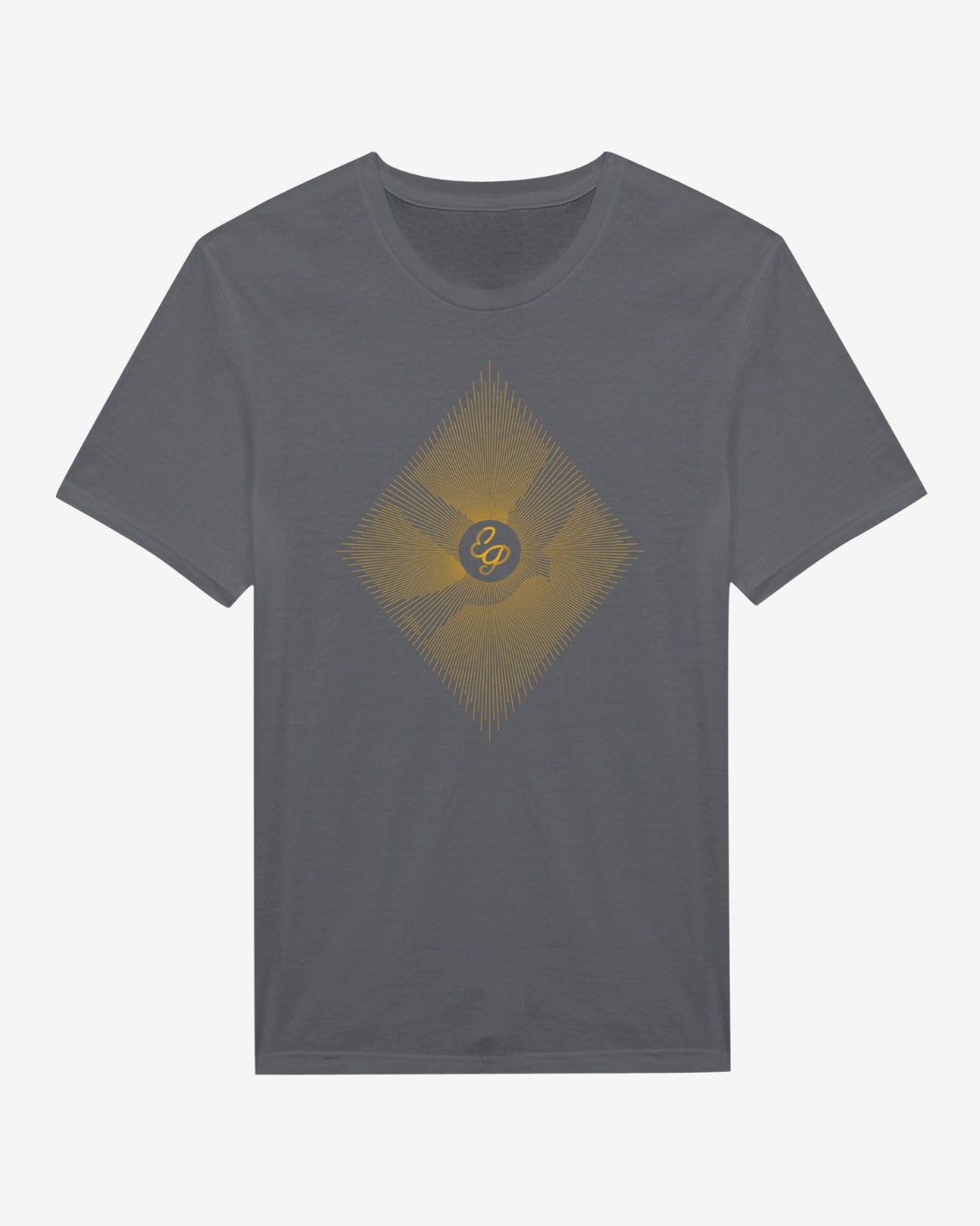 The Electric Picnic Diamond Burst 2024 Line-Up T-Shirt is a gray, made-to-order short-sleeve featuring a centered gold geometric diamond with wavy lines and stylized gp letters.