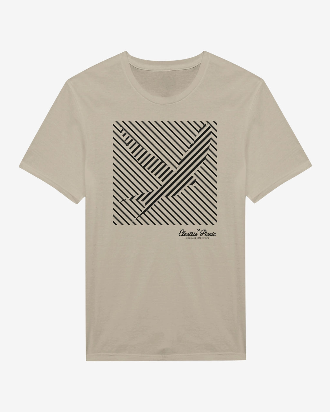 The Trippy Swallow T-Shirt by Electric Picnic is a beige ringspun cotton tee with a black geometric design and “Electric Picnic” script below. Made-to-order for comfort and unique style.