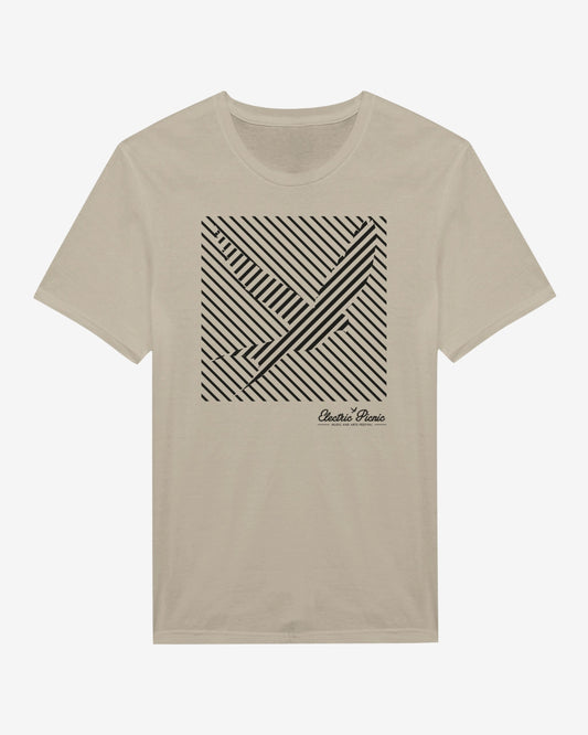 The Trippy Swallow T-Shirt by Electric Picnic is a beige ringspun cotton tee with a black geometric design and “Electric Picnic” script below. Made-to-order for comfort and unique style.