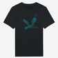 The Electric Picnic Spiral Swallow 2024 Line-Up Black T-Shirt features a stylized blue-green bird in flight above Bastion Point in cursive. Made-to-order with high-quality DTG printing for lasting vibrancy.