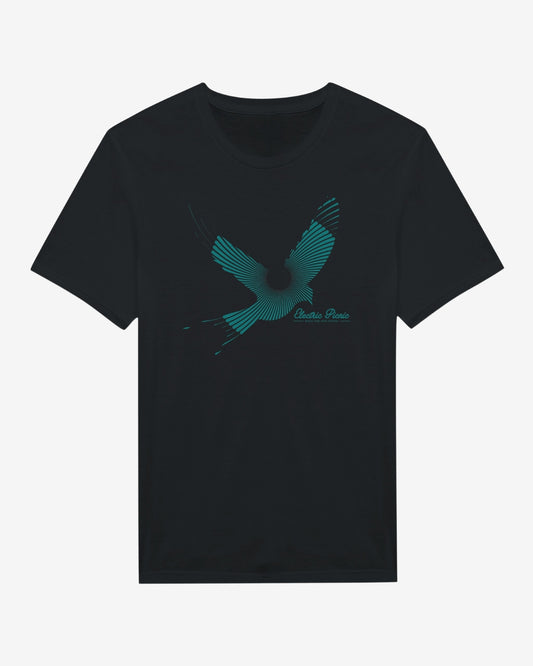The Electric Picnic Spiral Swallow 2024 Line-Up Black T-Shirt features a stylized blue-green bird in flight above Bastion Point in cursive. Made-to-order with high-quality DTG printing for lasting vibrancy.