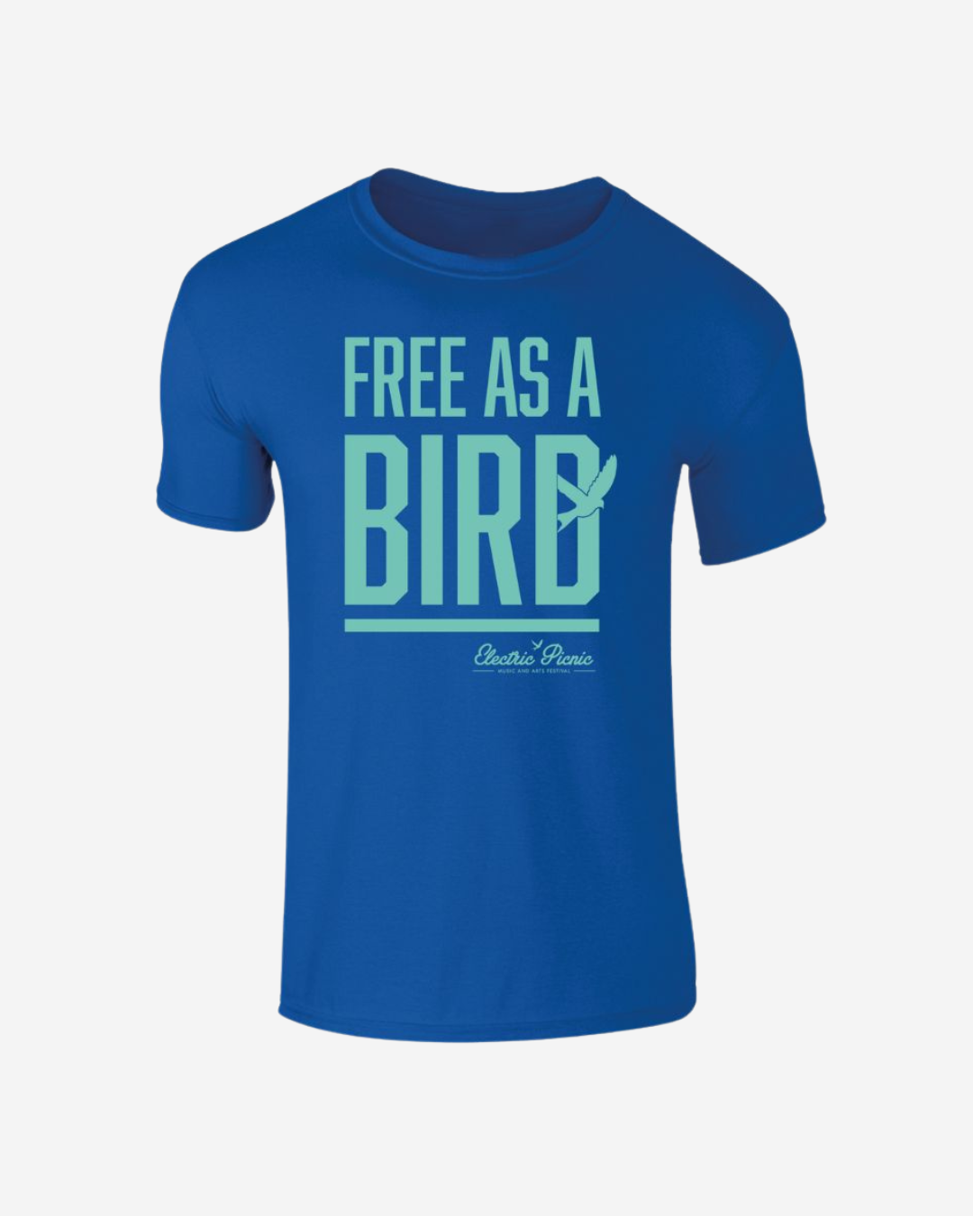 The Electric Picnic Kids Blue Free Bird T-Shirt features "FREE AS A BIRD" in large light blue letters with a bird silhouette on "BIRD" and the Electric Picnic brand name below in cursive.