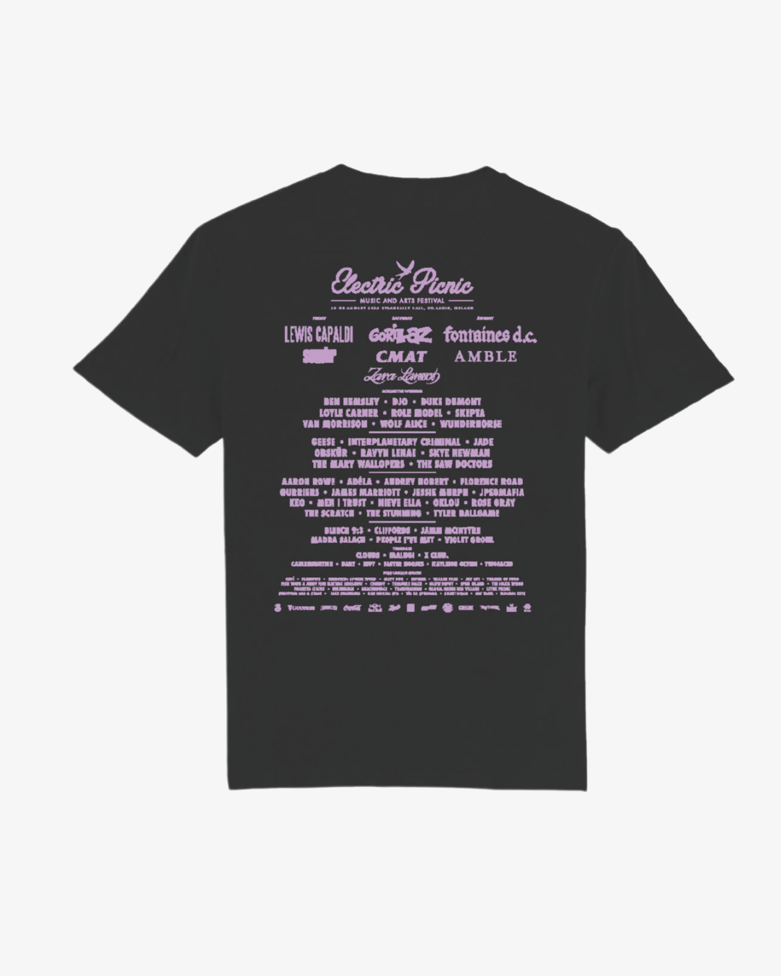 EP 2026 Click & Collect black Swallow Monogram Event T Shirt featuring “Click & Collect 2026” at the top and a lineup-style list of musical artists below in light purple on the back, evoking a festival poster design.