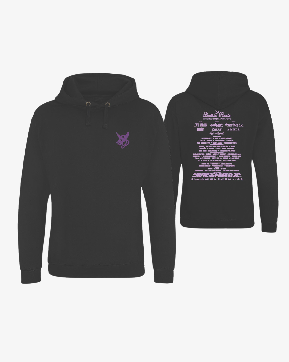 EP 2026 Click & Collect “Click & Collect 2026 Swallow Monogram Event Hoodie” in black, featuring a small purple swallow monogram graphic on the left chest and a large list of purple event-inspired text on the back, both displayed against a white background.