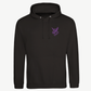 The 2026 Swallow Monogram Event Hoodie by Electric Picnic features a black design with a front pocket, adjustable drawstrings, and a subtle purple abstract logo on the left chest. Made from soft ringspun cotton, this made-to-order hoodie provides a comfortable unisex fit ideal for everyday use.