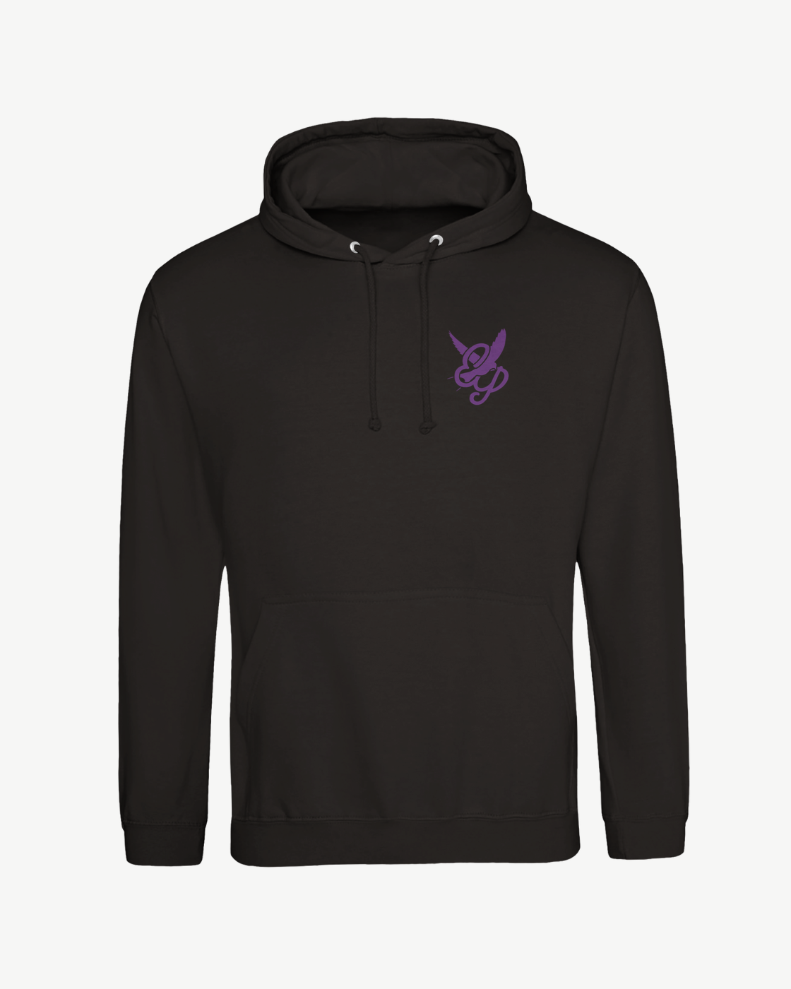 The 2026 Swallow Monogram Event Hoodie by Electric Picnic features a black design with a front pocket, adjustable drawstrings, and a subtle purple abstract logo on the left chest. Made from soft ringspun cotton, this made-to-order hoodie provides a comfortable unisex fit ideal for everyday use.