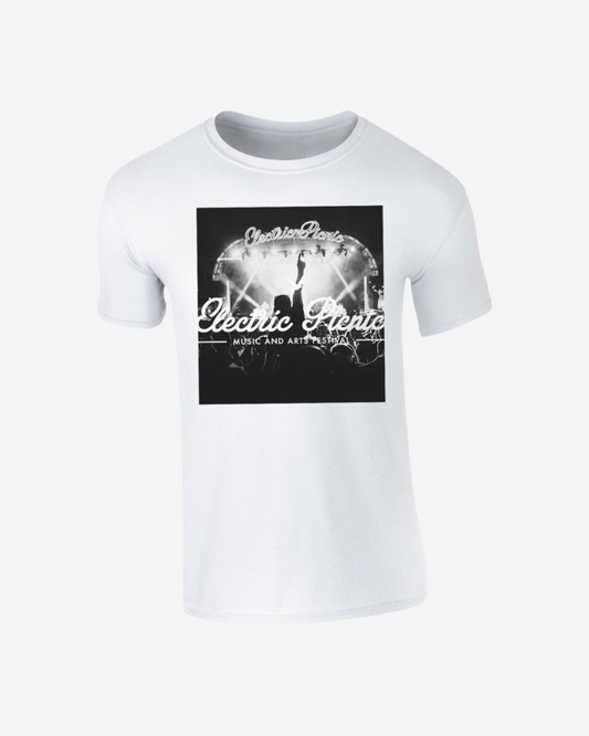 The Electric Picnic White Stage T-Shirt by Electric Picnic features a black and white concert stage graphic with musicians, lights, and "Electric Friends Music and Arts Festival" text on the front.