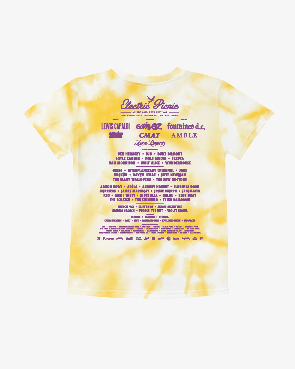 A kids’ yellow and white tie-dye t-shirt from EP 2026 Click & Collect, featuring the Electric Picnic 2026 festival lineup—including artists like Lewis Capaldi and CMAT—printed in purple text on the back.