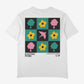 White t-shirt with colorful graphic design on a white background