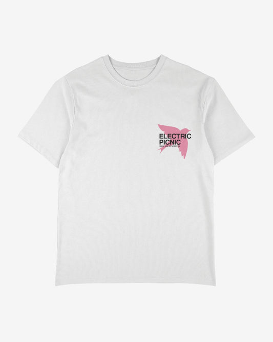 The Electric Picnic Checkerboard T-shirt is a plain white tee with a small pink and black stylized wing logo on the left chest area.