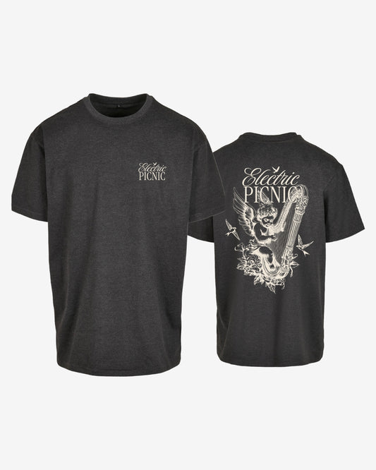 Two views of the Cherub Heart T-shirt by Electric Picnic: the front shows a small logo on the chest, while the back features a large graphic with a guitar, wings, and skull under Electric Picnic. Order now to add this standout tee to your collection.