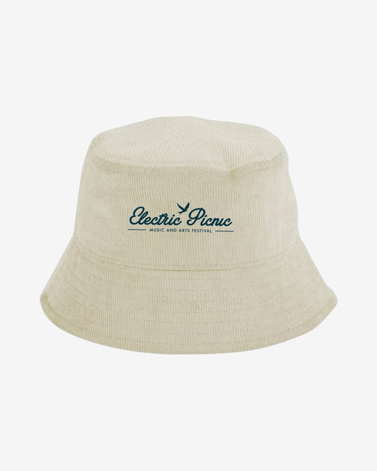 The Cord Bucket Hat by Electric Picnic is a light beige hat with Electric Picnic Music and Arts Festival embroidered in dark green on the front.