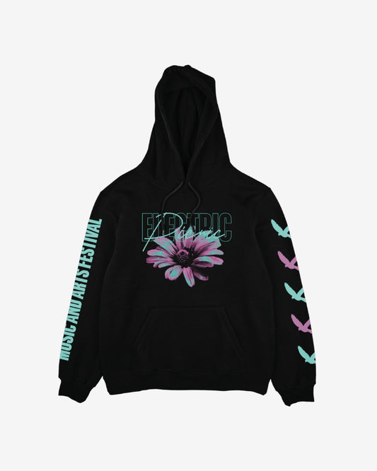 The Electric Picnic Electric Flowers Hoody is a black hoodie with a large purple flower and ELECTRIC text on the front, MUSIC AND ARTS FESTIVAL on one sleeve, and blue bird silhouettes on the other.