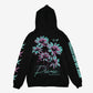 The Electric Flowers Hoody by Electric Picnic is a black hoodie with large purple and teal daisies and Electric text on the back, sleeve flower designs, and Music and Arts Festival on one arm.