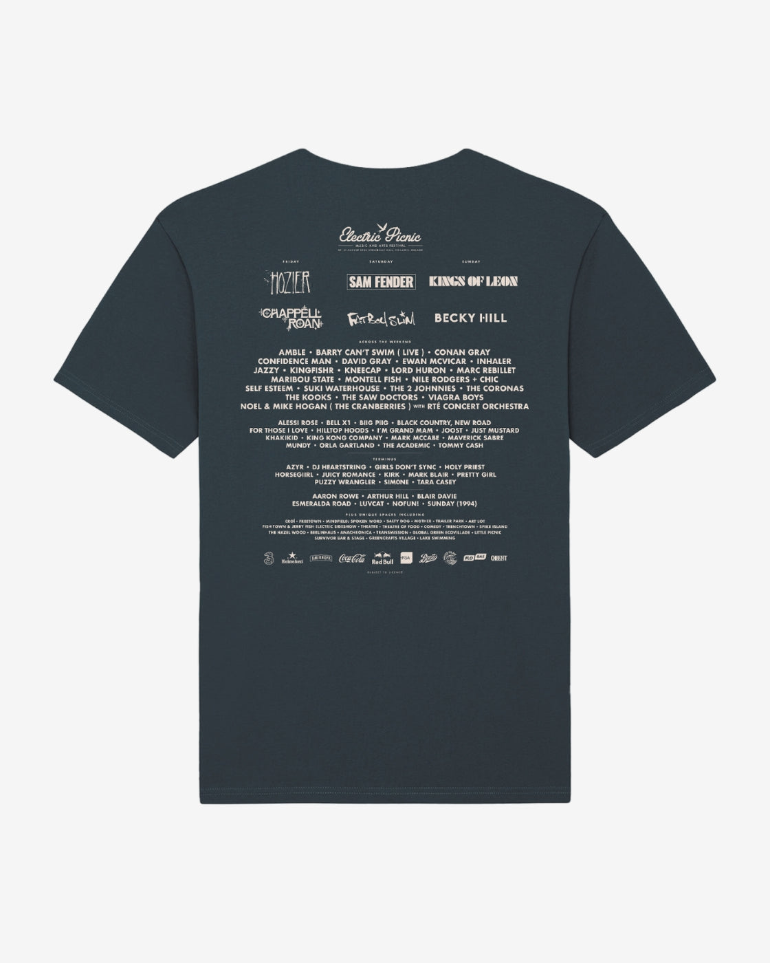 Black t-shirt with white text on a light gray background
