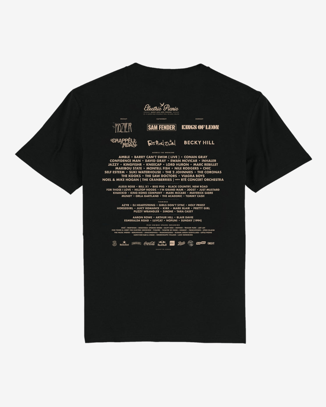 Black t-shirt with white text on a white background