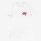 The Checkerboard T-shirt by Electric Picnic is a plain white eco-friendly unisex tee made from soft Airlume combed cotton, featuring a small pink bird and Electric Picnic in black on the left chest, shown on a light gray background.