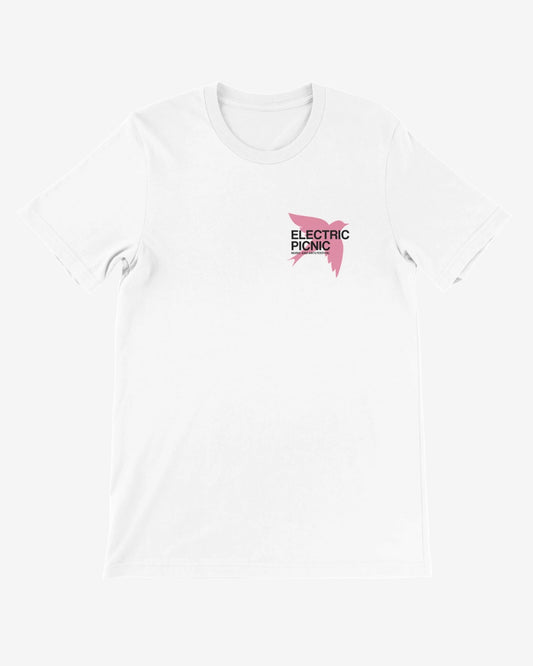 The Checkerboard T-shirt by Electric Picnic is a plain white eco-friendly unisex tee made from soft Airlume combed cotton, featuring a small pink bird and Electric Picnic in black on the left chest, shown on a light gray background.