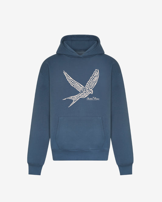 The Blue Event Hoodie by Electric Picnic features a large stylized bird graphic, small cursive text on the chest, front pocket, and ribbed cuffs and hem.