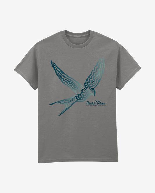 Grey Event T-shirt by Electric Picnic, featuring a large stylized teal bird in flight and Electric Grace written in cursive beneath its wings.