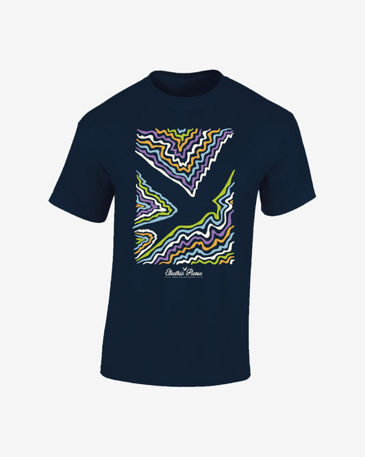 The Kids Line Up T-shirt by Electric Picnic features a navy blue base with a vibrant abstract design of wavy yellow, green, purple, and white lines centered on the chest and “Costa Posse” in white script below.
