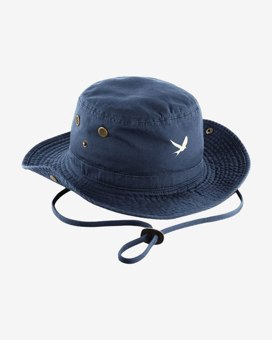 The Electric Picnic Outback Hat is a navy blue wide-brimmed boonie hat with metal eyelets, a chin strap, and a white bird logo on the side, shown against a plain white background.