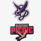 The EP 2026 Click & Collect Patch Set includes two embroidered patches: the top patch features a purple bird with stylized wings and letters, while the bottom patch displays “ELECTRIC PICNIC” in bold letters with a pink bird beneath, both set against a white background.