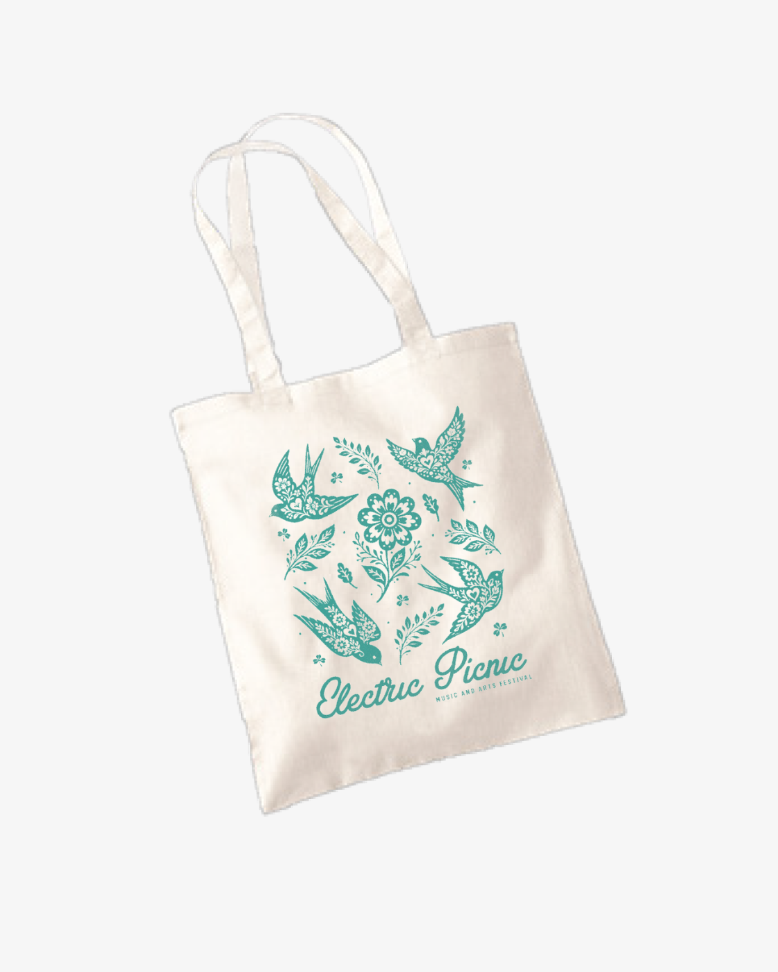The Click & Collect Tote Bag by EP 2026 Click & Collect features teal illustrations of birds, flowers, and leaves on a white background, with "Electric Picnic" and "Arts and Music Festival" printed below the artwork.