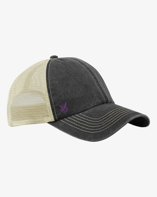 The EP 2026 Click & Collect Vintage Trucker Cap features a gray and beige design with white stitching, a curved brim, mesh back panels, and a small purple embroidered logo on the front left side.