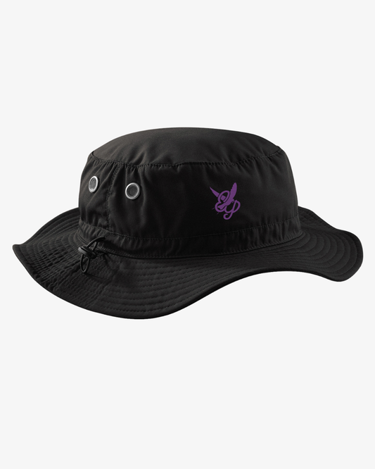The EP 2026 Click & Collect Outback Hat is a black bucket hat featuring metal eyelets and a purple embroidered design on the front, displayed against a plain white background.