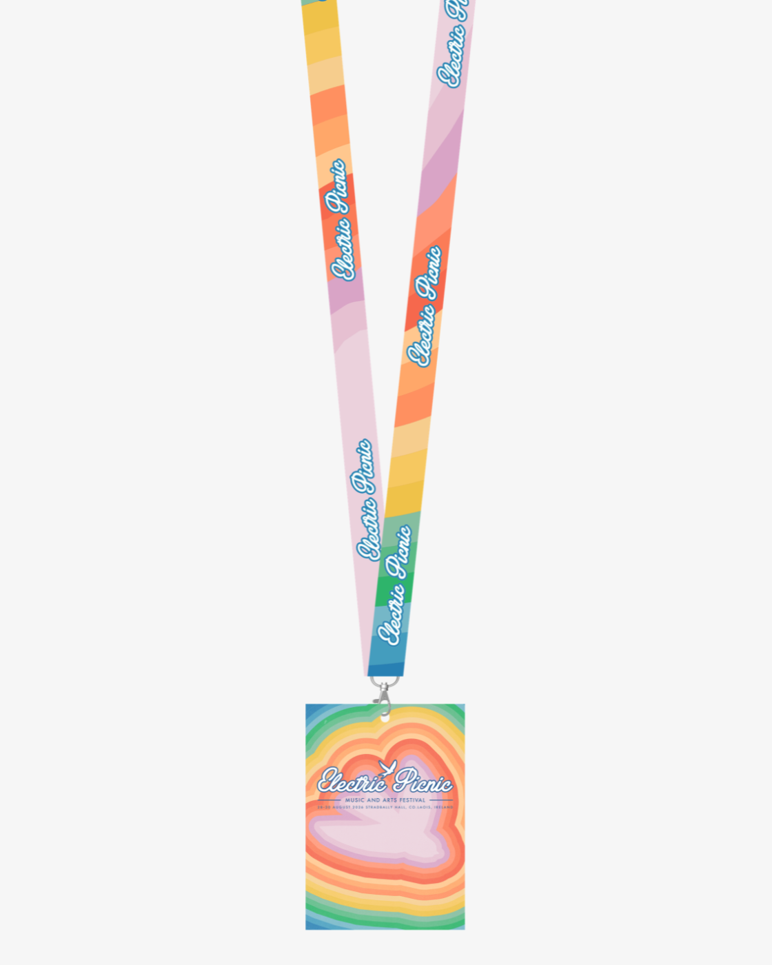 Wearing the EP 2026 Click & Collect lanyard from the Click & Collect 2026 Lanyard Programme, you can display a rectangular badge adorned with vibrant rainbow stripes and a white, cloud-shaped center featuring "Queer Picnic" in pastel hues.