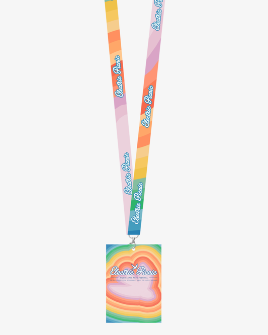 Wearing the EP 2026 Click & Collect lanyard from the Click & Collect 2026 Lanyard Programme, you can display a rectangular badge adorned with vibrant rainbow stripes and a white, cloud-shaped center featuring "Queer Picnic" in pastel hues.