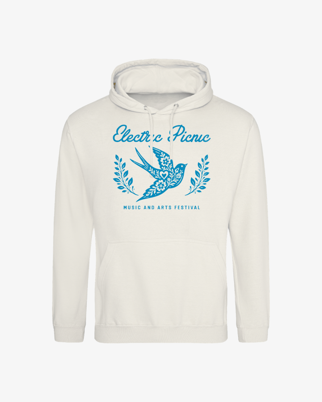 An off-white pullover hoodie featuring a blue graphic print on the front with the text 'Electric Piano', a stylized bird, and 'Music and Arts Festival'.