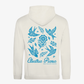 An off-white hooded sweatshirt shown from the back, featuring a blue graphic print of birds, flowers, and the text 'Electric Picnic' with smaller 'MELBOURNE 2026 RETRO FESTIVAL' underneath.