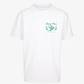 White "Click & Collect Floral Swallows Oversized T Shirt" by EP 2026 Click & Collect, featuring a green graphic and text on the left chest with a hand holding a pen, laurel branches, and the words “Electric Picnic” above and “MUSIC AND ARTS FESTIVAL” below.