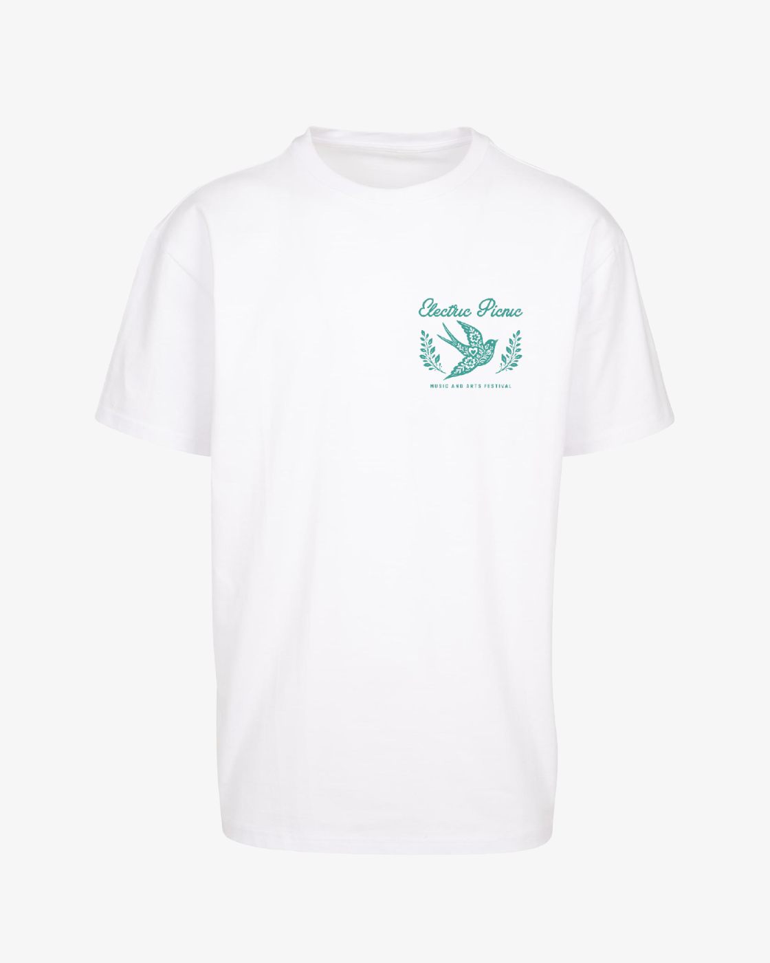 White "Click & Collect Floral Swallows Oversized T Shirt" by EP 2026 Click & Collect, featuring a green graphic and text on the left chest with a hand holding a pen, laurel branches, and the words “Electric Picnic” above and “MUSIC AND ARTS FESTIVAL” below.