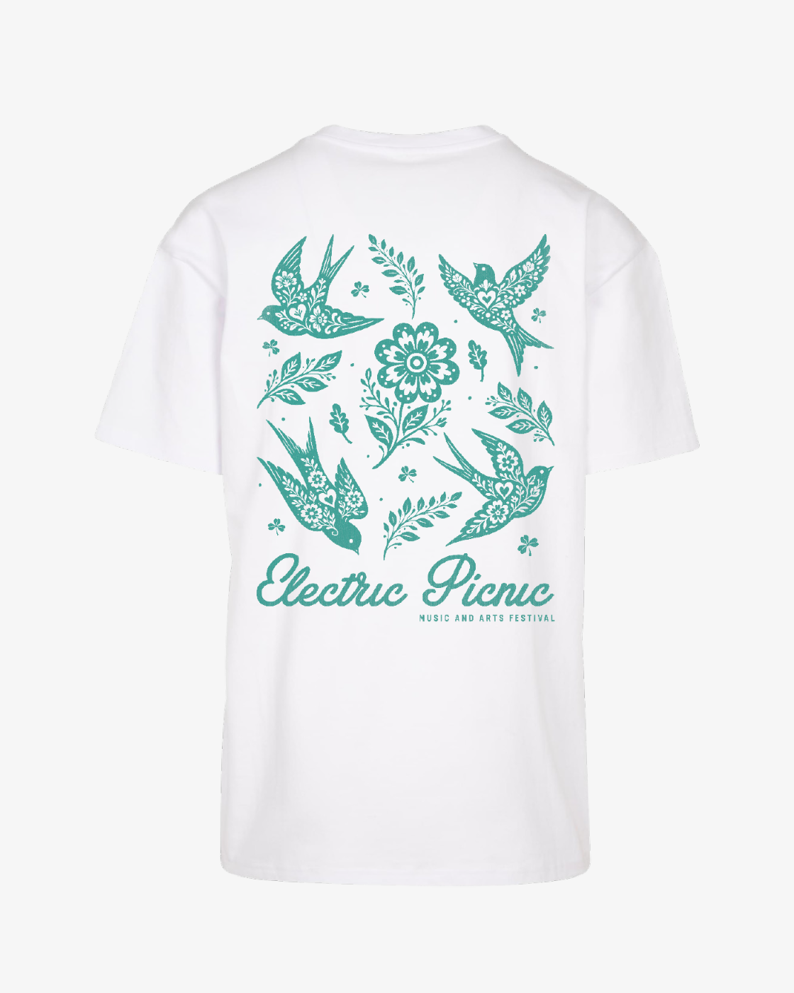 The EP 2026 Click & Collect Floral Swallows Oversized T Shirt is a white tee featuring teal illustrations of birds, flowers, and leaves on the back, with "Electric Picnic Music and Arts Festival" printed below the graphic.