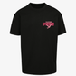 EP 2026 Click & Collect’s Click & Collect Electric Tree Oversized T Shirt is a black tee featuring pink Electric Picnic text and a flying bird graphic on the left chest. The simple design stands out against the plain white background.
