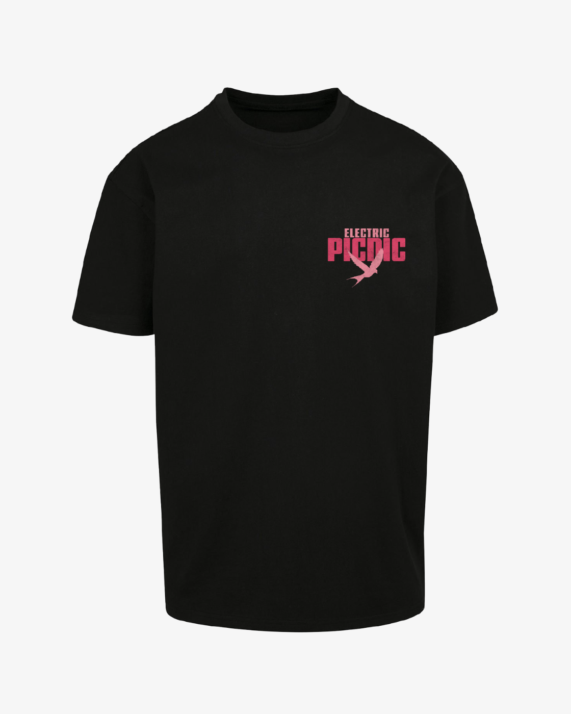 EP 2026 Click & Collect’s Click & Collect Electric Tree Oversized T Shirt is a black tee featuring pink Electric Picnic text and a flying bird graphic on the left chest. The simple design stands out against the plain white background.