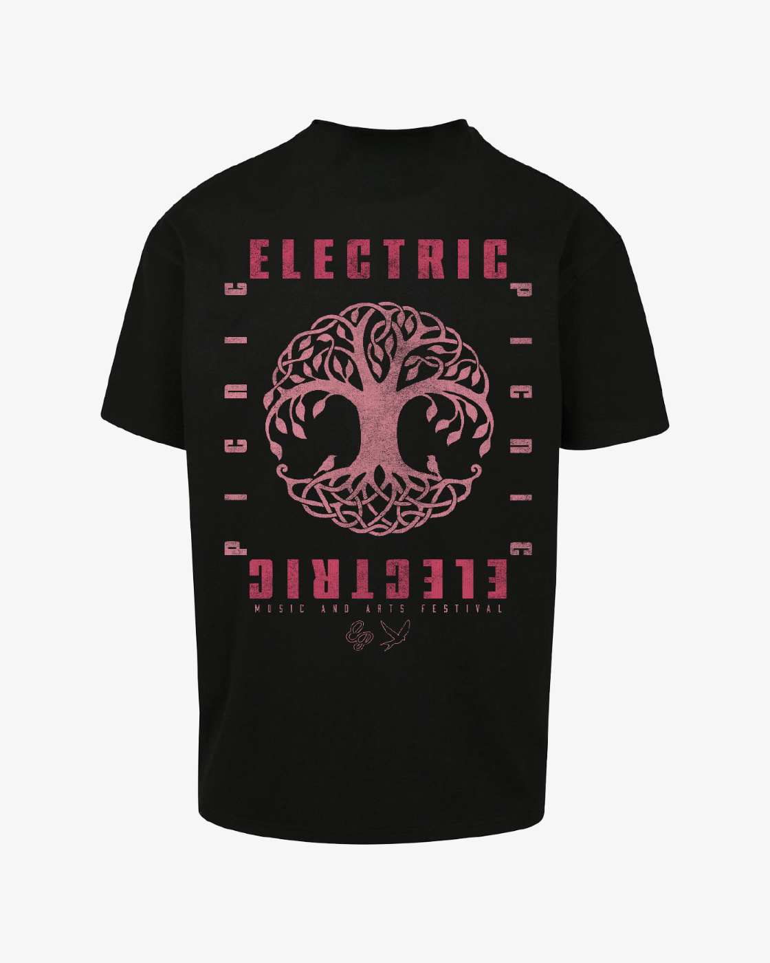 The EP 2026 Click & Collect Electric Tree Oversized T Shirt features a large pink tree graphic on the back, with bold pink "ELECTRIC PICNIC" lettering above and below the tree, and "MUSIC AND ARTS FESTIVAL" in small text beneath the design.