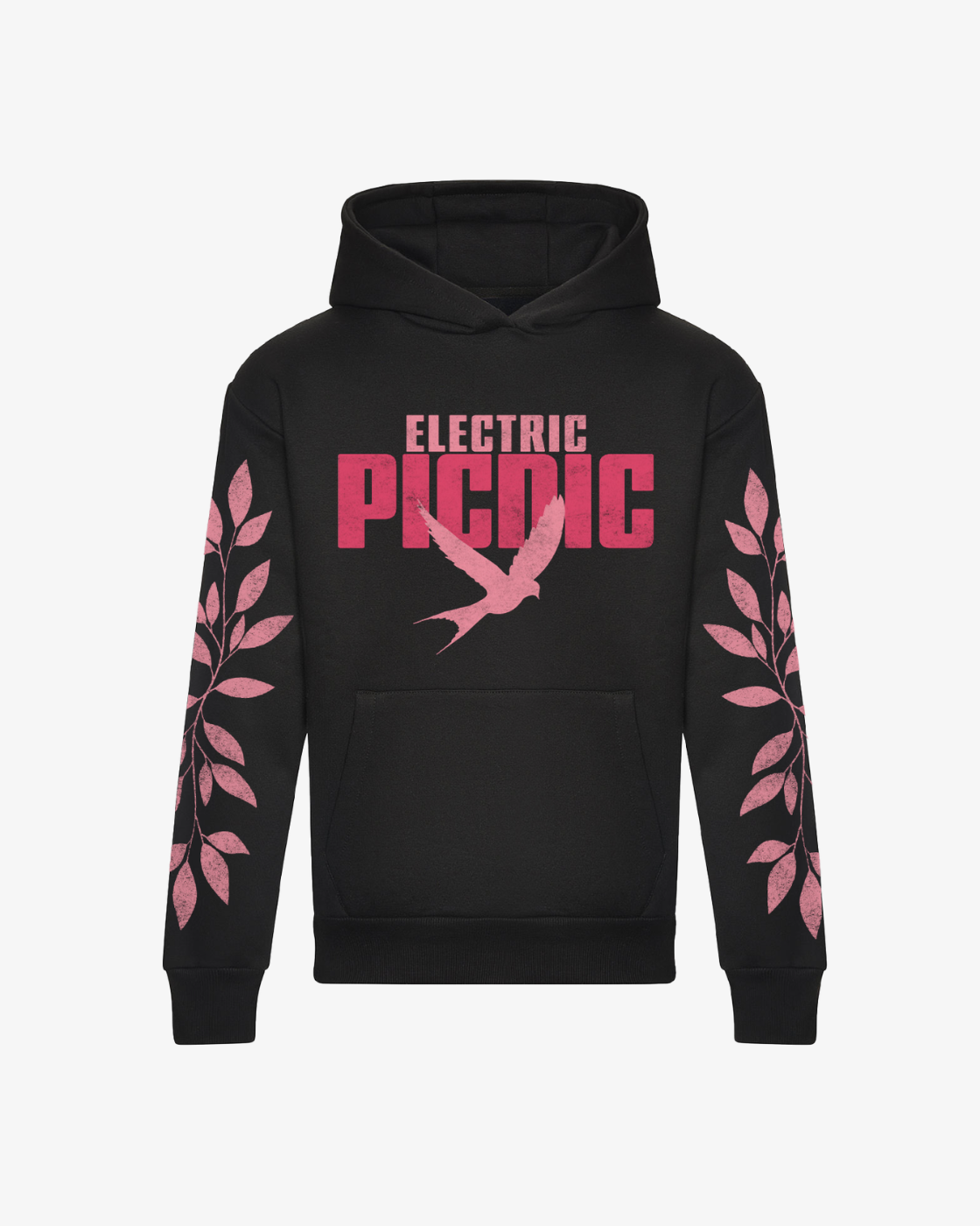 Sure! Here is a rewritten version of the sentence using your product data: The EP 2026 Click & Collect “Electric Tree Heavyweight Hoodie” features bold pink ELECTRIC PICNIC lettering, a pink bird silhouette, and pink leafy branch designs on both sleeves. The hoodie is displayed against a plain white background.