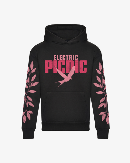 Sure! Here is a rewritten version of the sentence using your product data: The EP 2026 Click & Collect “Electric Tree Heavyweight Hoodie” features bold pink ELECTRIC PICNIC lettering, a pink bird silhouette, and pink leafy branch designs on both sleeves. The hoodie is displayed against a plain white background.
