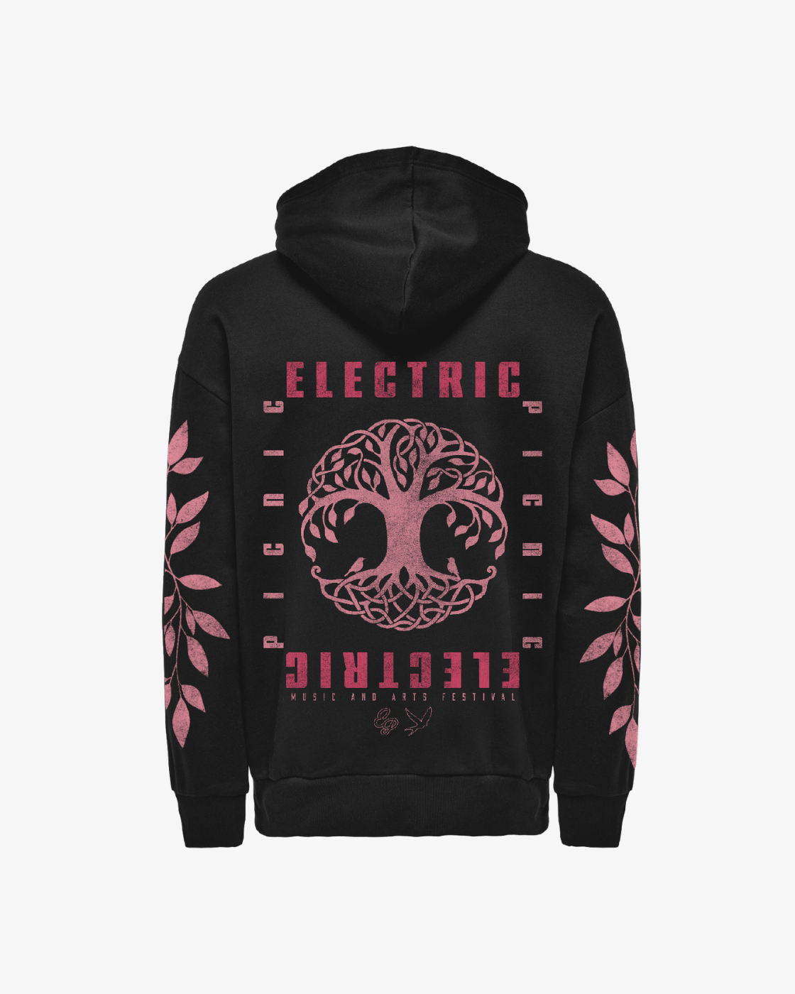 EP 2026 Click & Collect’s Click & Collect Electric Tree Heavyweight Hoodie features a large, intricate tree design and bold pink ELECTRIC text on the back, with leaf patterns along both sleeves. “MUSIC AND ARTS FESTIVAL” is printed at the bottom.