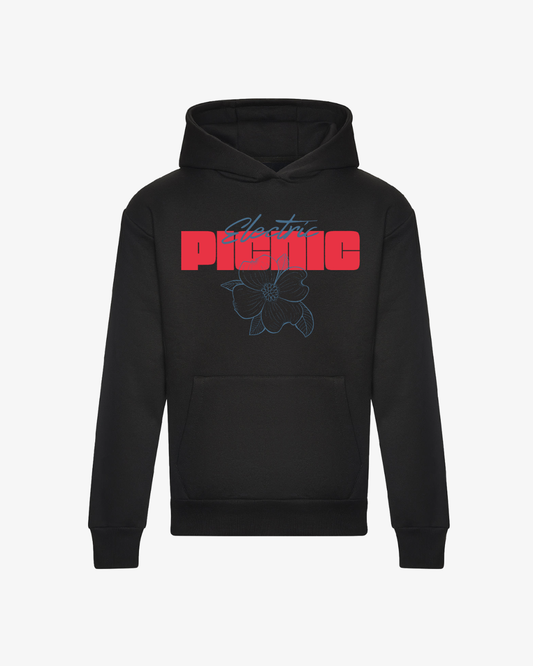 The Click & Collect Neon Nature Heavyweight Hoodie by EP 2026 Click & Collect is a black hoodie with a front pocket, featuring the words “Electric Picnic” in red and blue above a simple line drawing of a flower.