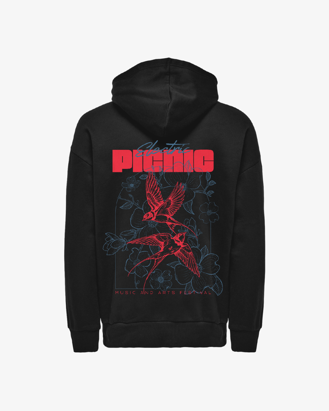 Sure! Here’s a revised sentence using your product data: The Click & Collect Neon Nature Heavyweight Hoodie by EP 2026 Click & Collect is a black hoodie featuring a graphic on the back with two red birds, blue floral outlines, and bold red and blue text reading “Electric Picnic” and “Music and Arts Festival.”.