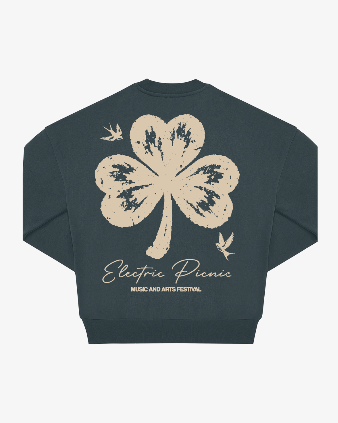 The EP 2026 Click & Collect "Click & Collect Vintage Clover Crewneck 2" is a dark sweatshirt featuring a large, distressed-style cream shamrock, two small birds, and the text “Electric Picnic MUSIC AND ARTS FESTIVAL” printed on the back.