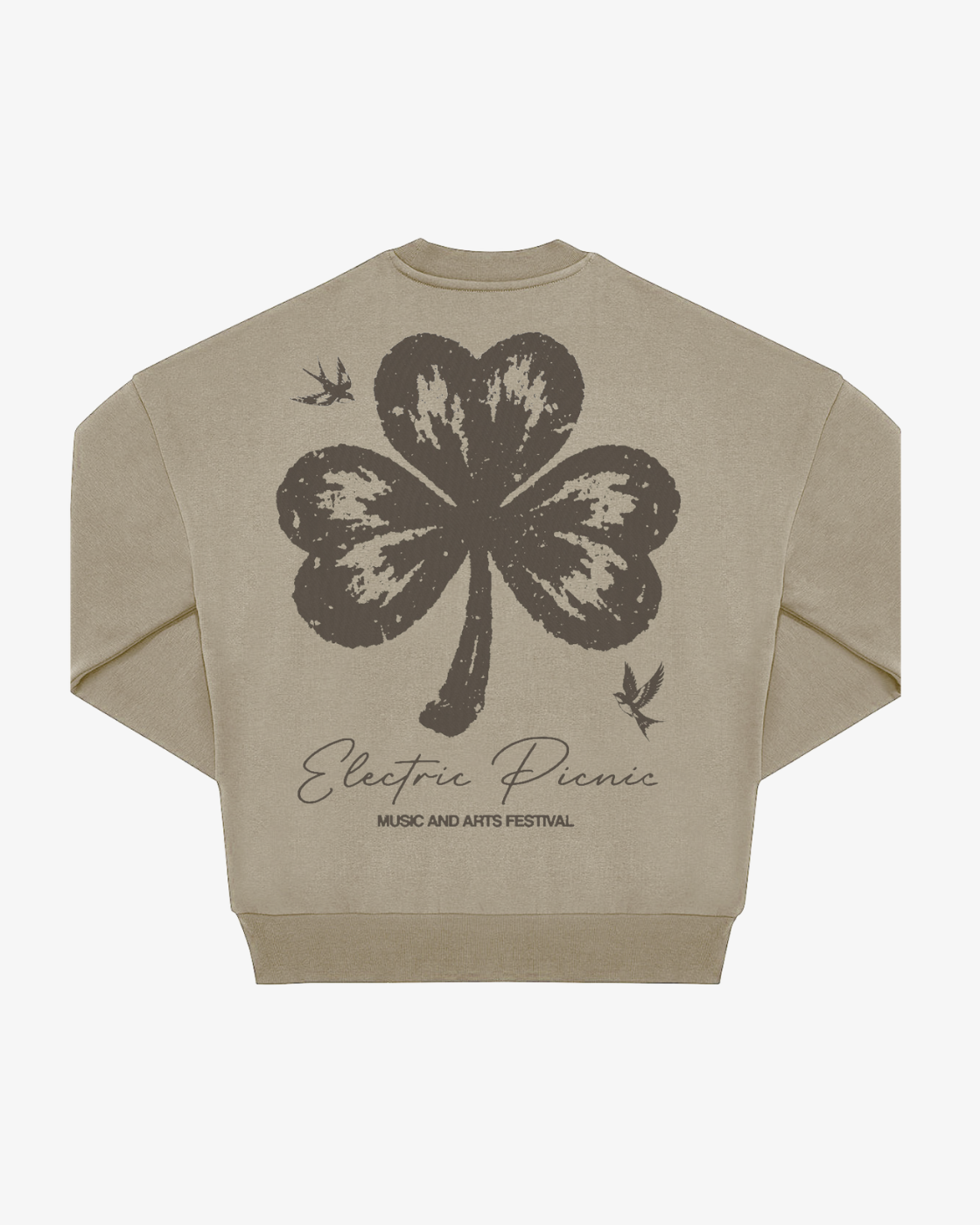 The Click & Collect Vintage Clover Crewneck Natural by EP 2026 Click & Collect features a large, distressed black shamrock graphic with two small birds, and "Electric Picnic Music and Arts Festival" printed on the back.