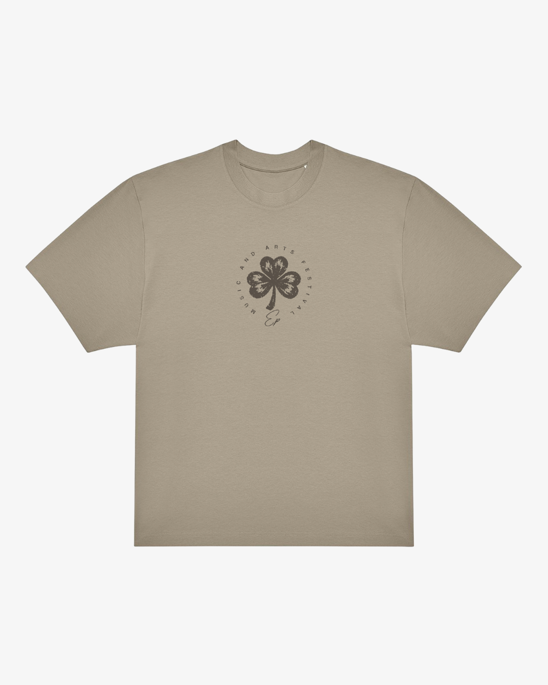 The Click & Collect Vintage Clover Oversized T-Shirt by EP 2026 Click & Collect features a beige short-sleeve design with a black four-leaf clover graphic and circular text on the chest, along with a small curved line or signature beneath the clover.